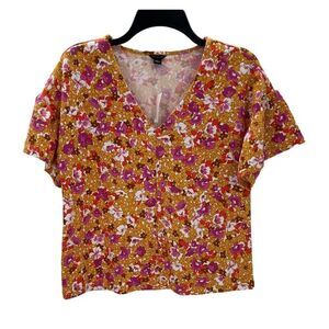 Ann Taylor XS Floral V-Neck Blouse Retro Short Sleeve Yellow Pink New